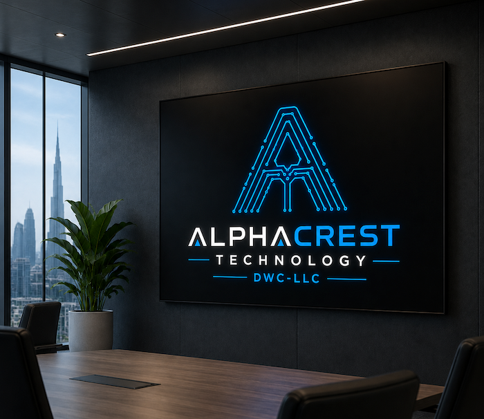 alpha crest technology lobby with neon light